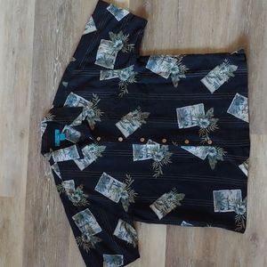 Paradise Blue 100% Silk Hawaiian Button Down Aloha Shirt Size XL